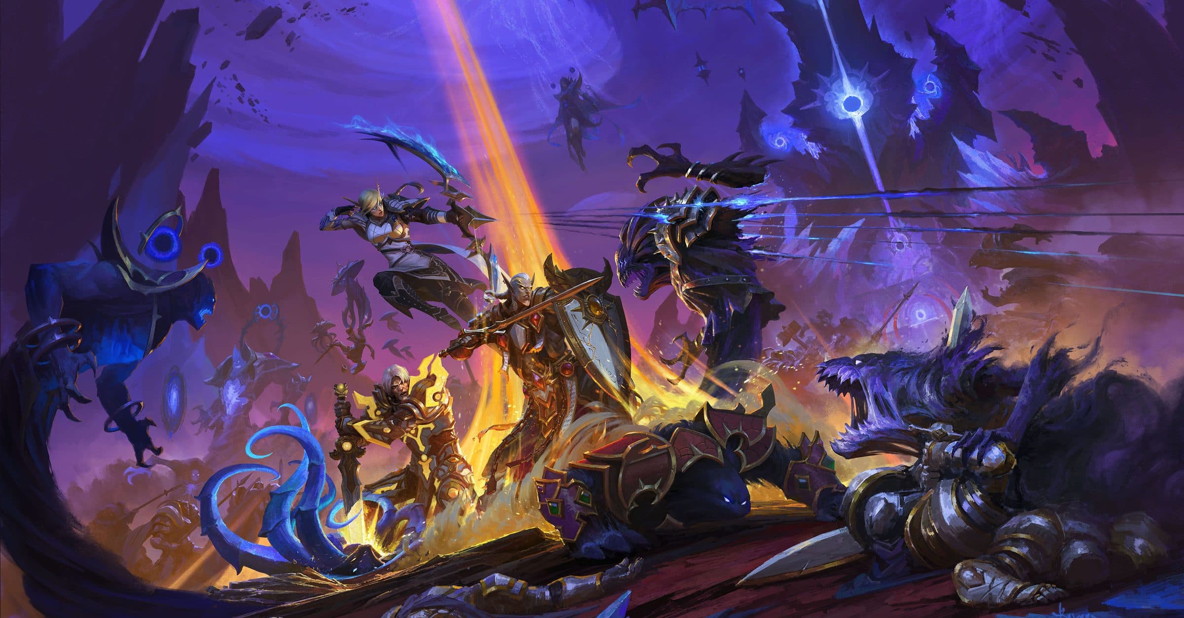 World of Warcraft: Midnight artwork: heroes of the Light fight Void creatures
